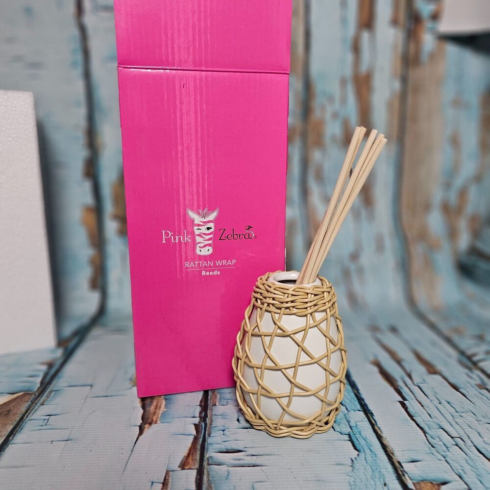 Pink Zebra Rattan Wrap Reed Diffuser Set Vase & Reeds Home Fragrance Decor NEW - Picture 2 of 4